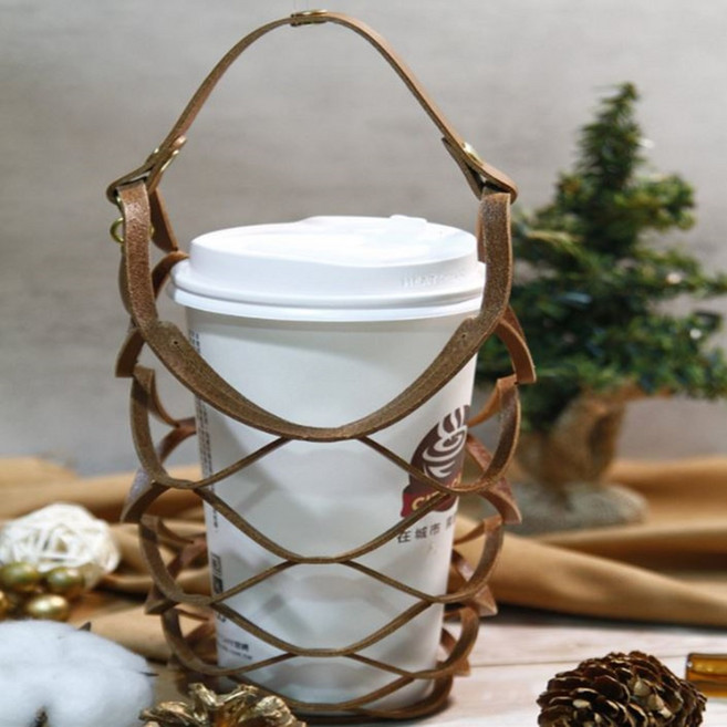 가죽 텀블러 그물가방 그물 홀더 백 가방 물병 파우치 네트백 물병가방, 1개, 다크브라운