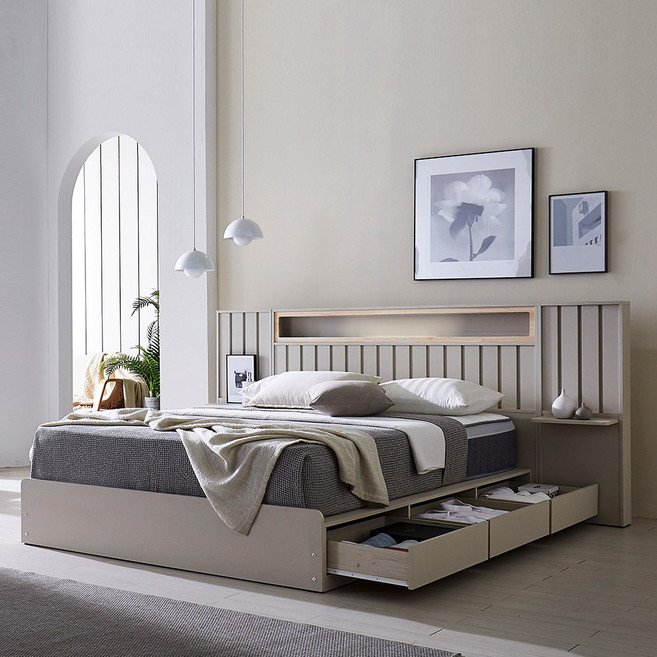 보루네오 엘리브 캐슬 편백 수납 침대 퀸 킹 공통 프레임 sy788-1, 연그레이