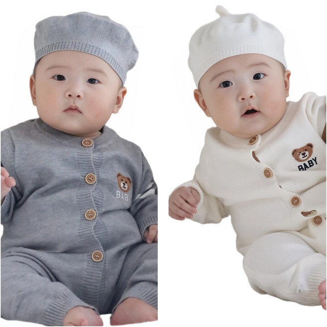 로을 아기 곰돌이 베이비니트 외출 가디건 우주복