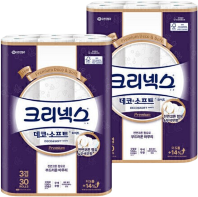 크리넥스 3겹 데코앤소프트 화이트 25MX30롤 2팩 (30롤+30롤), 25m, 30롤, 2개