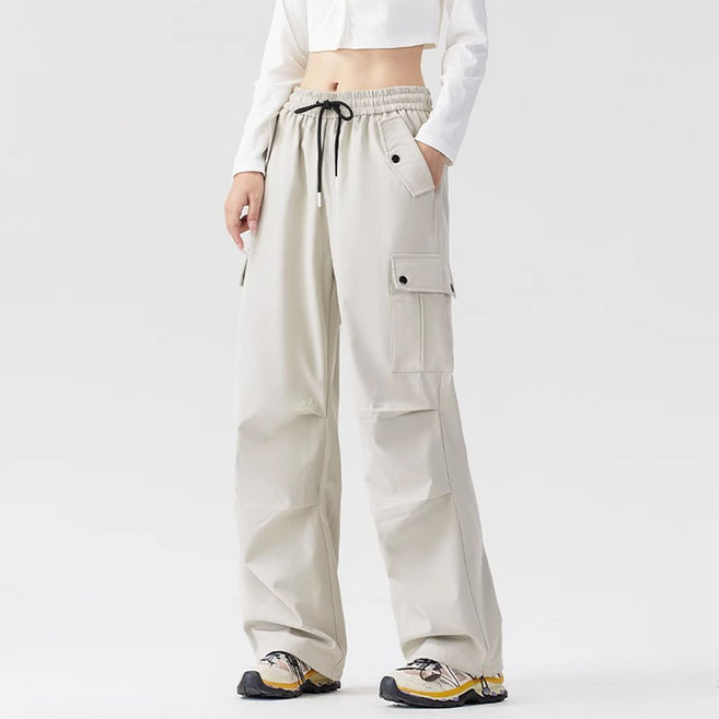 FANSYLI 여성 바람막이 봄 가을 스트레이트 트레이닝 바지 바람막이 방수 트레킹 등산 바지 빅사이즈 와이드 캐주얼 카고 바지 XR2512D27