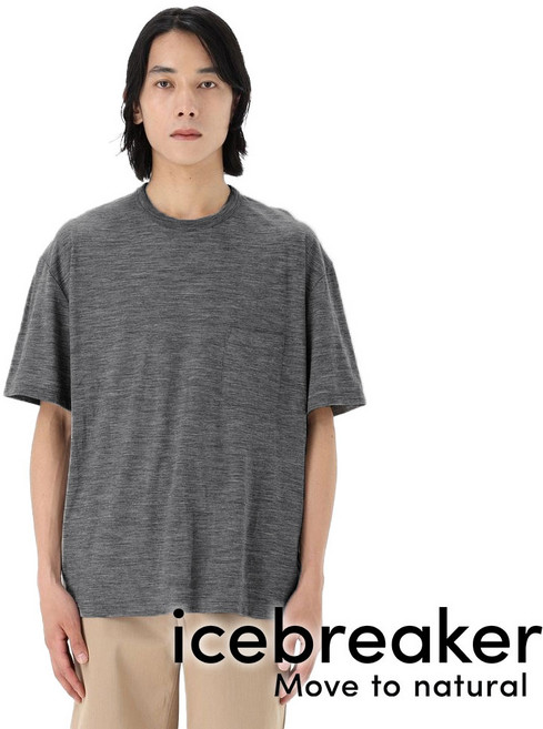 icebreaker 美麗諾羊毛圓領短袖口袋上衣-150, 灰黑