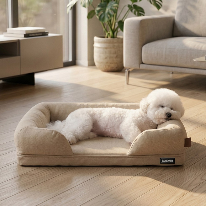 와우와우 강아지 슬개골 탈구예방 디스크완화 풀 메모리폼 방수 방석, 베이지, 1개