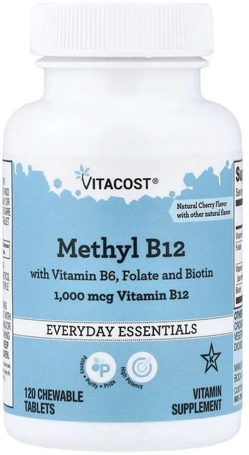비타코스트 메틸 B12 위드 비타민 B6 폴레이트 앤 바이오틴 Vitacost Methyl B12 with Vitamin B6 Folate and Biotin Natural C, 1개, 120정 - 쿠팡