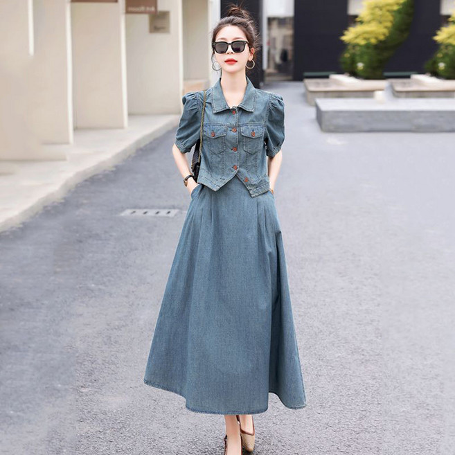 여성투피스 여성세트 데님 반팔자켓 + 데님 스커트 여름자켓 롱스커트 SDE26030267 50