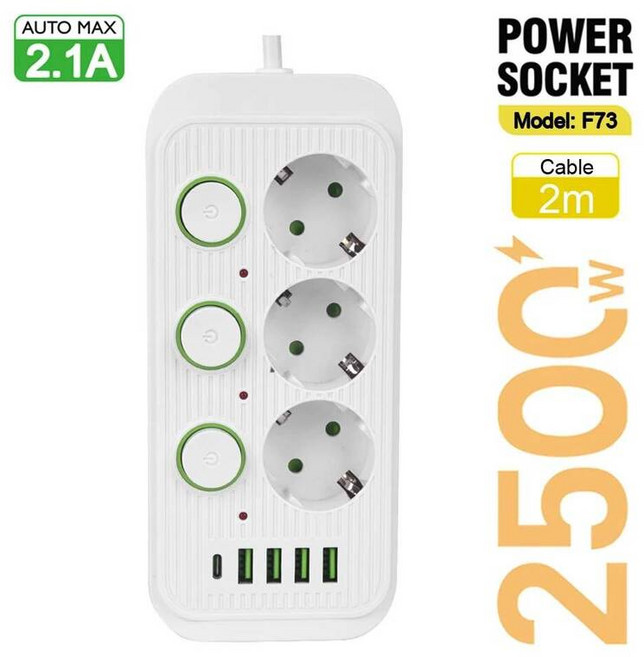 멀티콘센트 디자인 연장선 고용량 EU 220v 플러그 다중 소켓 AC 콘센트 US 110vB 포트가 있는 전원 스트립 연장 케이블 서지 보호기 네트워크 필터 개별 스위치, Eu 플러그, F73 White 2m, 1개, 1) Eu 플러그  F73 2M White