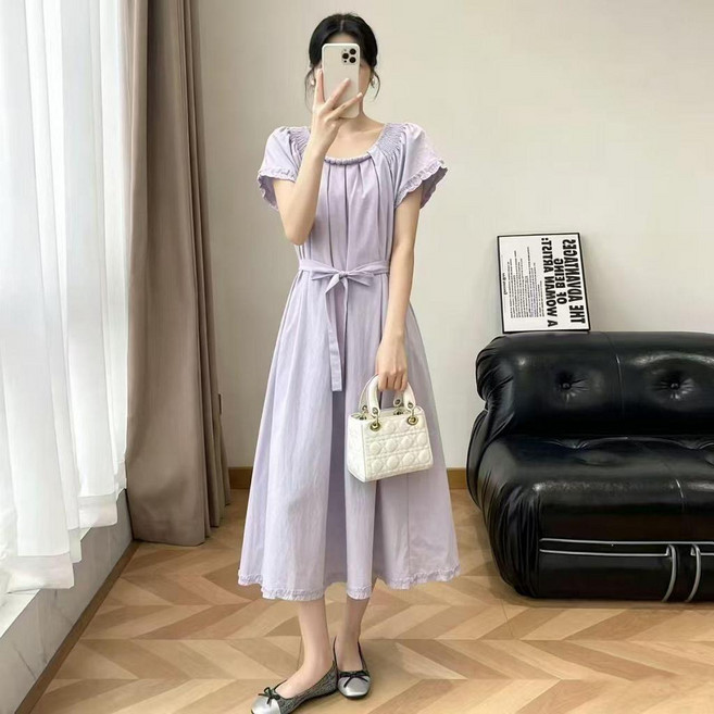 甜美淑女風泡泡袖繫帶長裙, 淺紫色,L