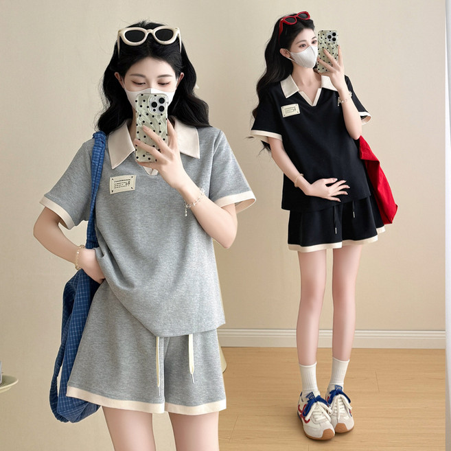 디한스 임산부 여름 캐주얼 운동복 세트 반팔반바지 상하의