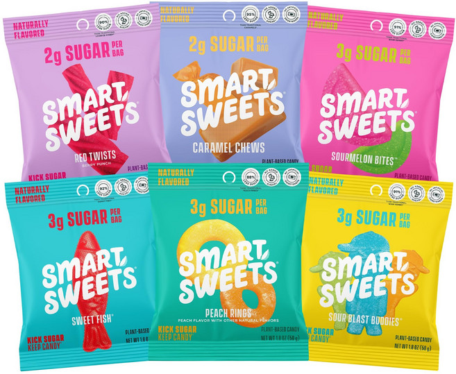 스마트 스위츠 버라이어티 팩 1.8 온스 봉지 (8개입 상자 스마트 스위츠 버라이어티 팩 1.8 온스 봉지 (8개입 상자) 저당 구미 캔디 (스테비아 함유) - 스위트피쉬 (2), N/A, 1개, 51g