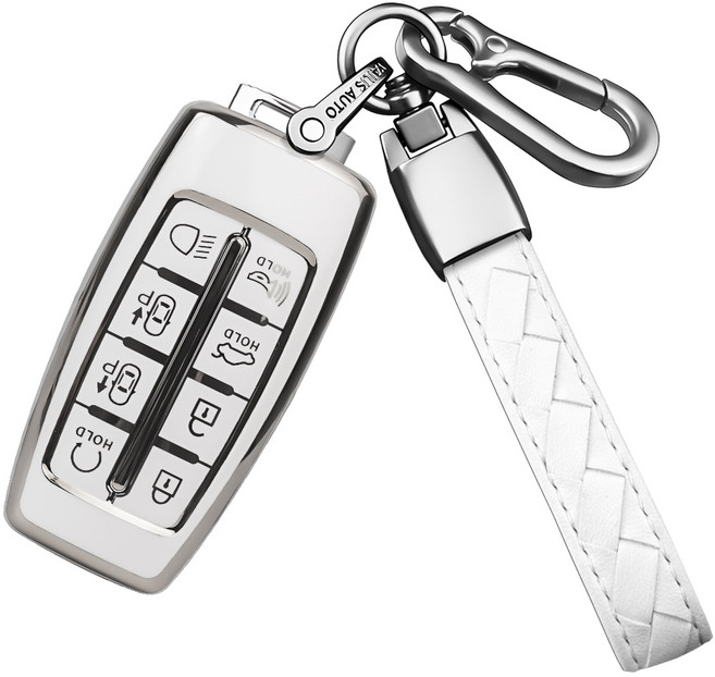 MODACE 제네시스 자동차키 케이스 TPU 소프트젤 보호 케이스 6버튼/8버튼 가죽 메탈 키링 키홀더, 8버튼-실버 화이트