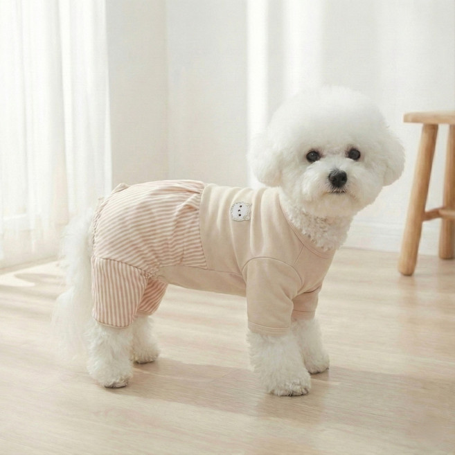 강아지 봄가을 쫀쫀한 피치기모 배덮개 올인원 여아 실내복, 1개, 베이지