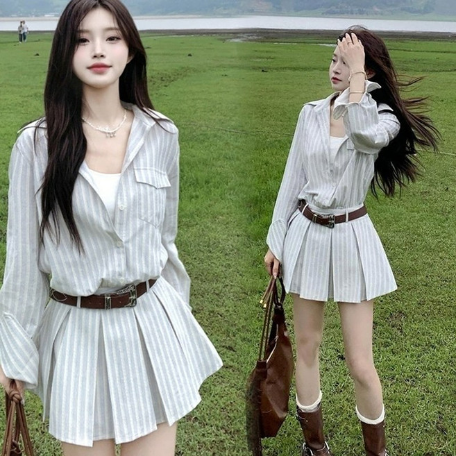 Asure 가을 여성 긴팔 스트라이프 미니 원피스 벨트 포함 캐주얼 데일리룩