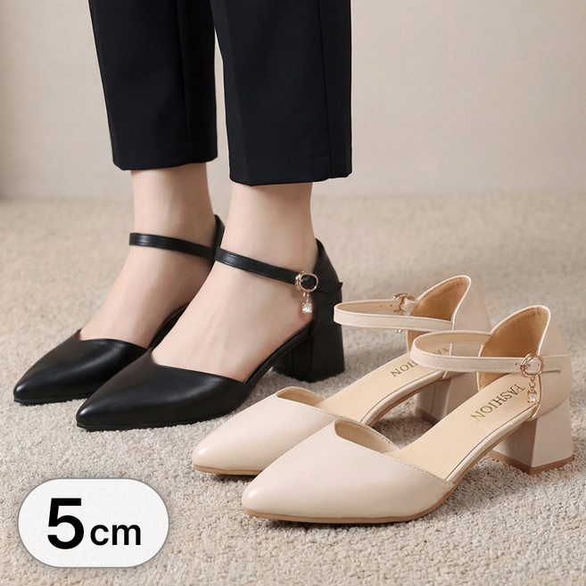 라뷰드 여성 브이라인 버클 펌프스 큐빅 장식 스트랩 키높이 구두 발편한 클래식 세련된 스틸레토힐 5cm