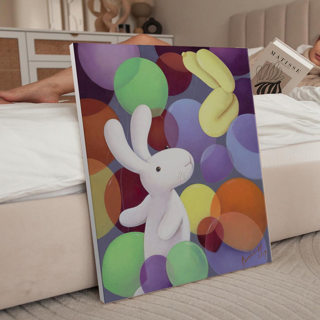 풍수 행운 행복토끼 2 일러스트 토끼그림 카페 아이방 인테리어 캔버스 그림액자 23종 1-11 집들이선물 아가방 데코 동림, 04.벌룬토끼