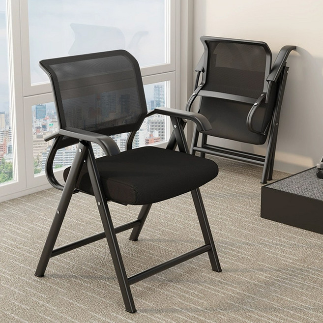 하루꿈 접이식 메쉬 의자 학생용 사무실용 허리 편한 컴퓨터 회의실 바퀴없는 실용 의자, 블랙