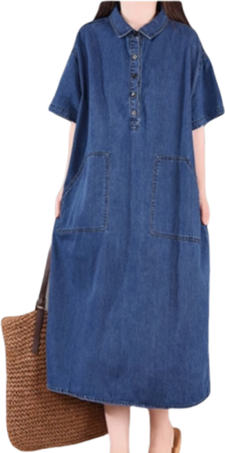 여성 캐주얼 반팔 카라 사선 포켓 빅사이즈 데님 원피스