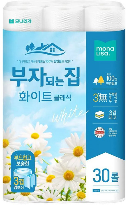 모나리자 부자되는집 화이트 플러스 3겹데코 천연펄프 20m 30롤 1팩(30롤), 2000cm, 30개입, 1개