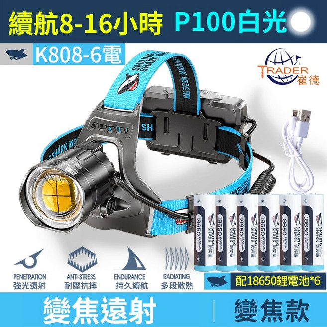 伸縮變焦頭燈 P100強光 釣魚燈 露營燈 登山, 1個, 6電微笑鯊 K808-P100 頭燈