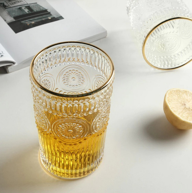 浮雕金邊玻璃杯, 金邊透明, 1個