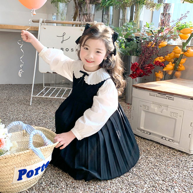해피델리 에녹 BL+플리츠원피스 세트 블랙 플리츠 키즈 빅카라 블라우스
