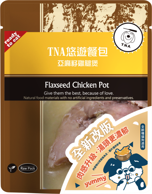T.N.A. 亞麻籽雞腿煲，無添加，雞肉, 150g, 1個, 去骨去皮雞腿肉、亞麻籽粉、葵花籽油、熬煮高湯