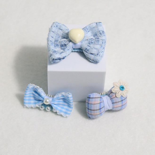 드림계곡 귀여운 리본 장식 강아지 머리핀 3P, 1개, 파란색