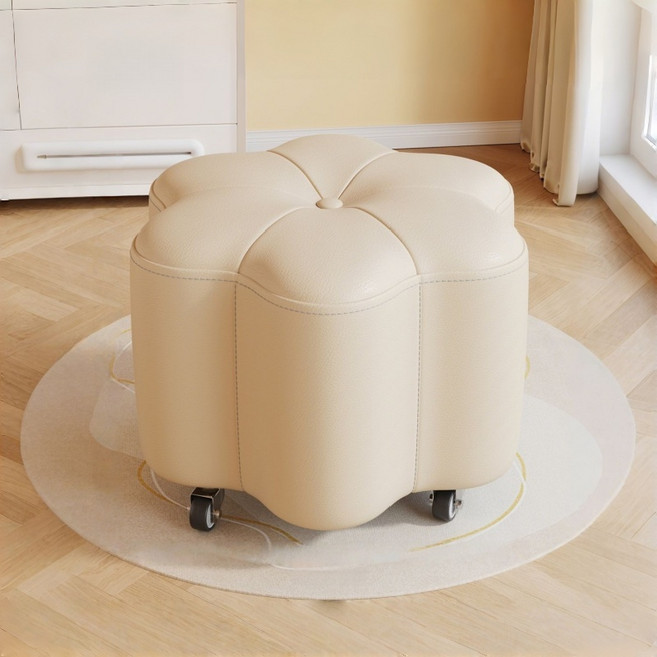WHH 이동식 현관 스툴 가죽 꽃송이 바퀴 의자, 1개, 베이지
