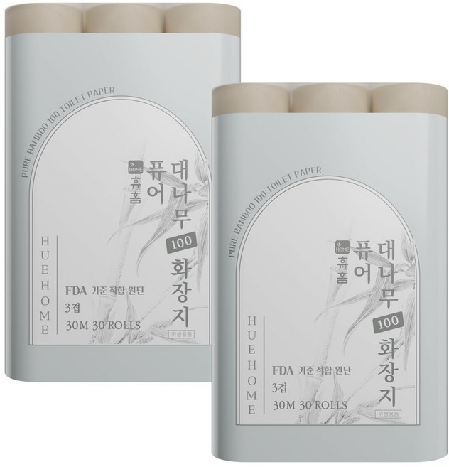 휴홈 퓨어 대나무 100 화장지 3겹 30m 30롤 1팩, 2개, 30개입