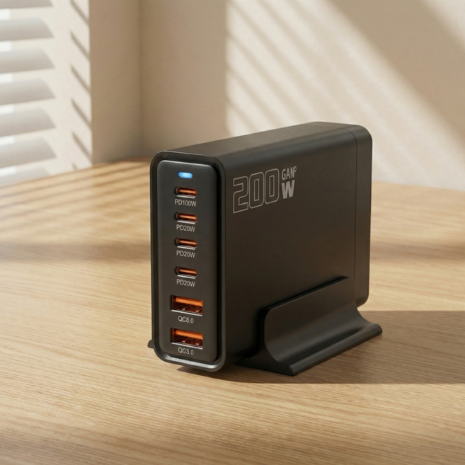 CHENZE 고속충전기 200W GaN 4C2A 6포트 USB-C PD 초고속 멀티충전기 아이폰 삼성 호환 핸드폰충전기, 1개, 블랙