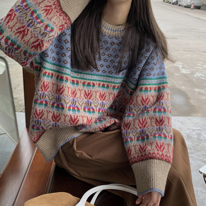 데일로엔 여성 빈티지 패턴 포인트 니트 티셔츠