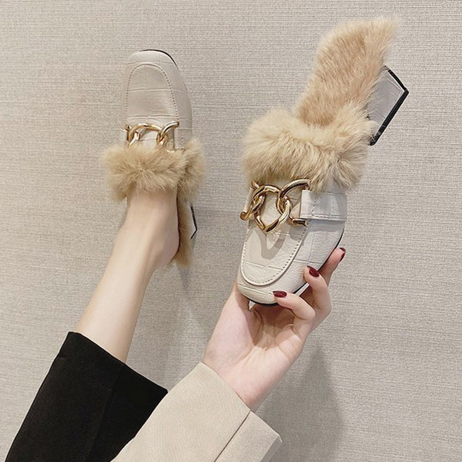 (이벤트225) 벨르아 5cm 체인 통굽 퍼 털 뮬 블로퍼 3color