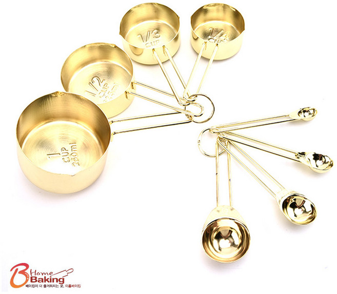 이홈베이킹 스텐계량스푼4종 계량컵4종세트 이쁜골드, 1세트