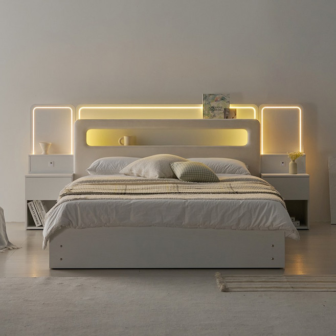 국내제작 친환경등급 EO 인홈 아로하 LED 3구 볼레일 서랍 침대 프레임+유로탑 독립 매트리스 포함, 화이트