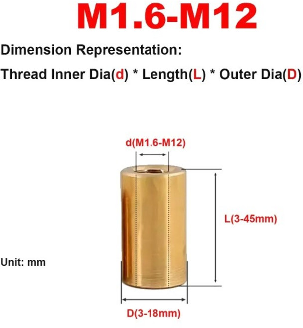 황동 원형 길쭉한 관통 연결 구리 스레드 너트 M1.6M2M3M4M5M6M8M10M12 구멍 기둥, 29 M1.6X6.0X3  2pcs