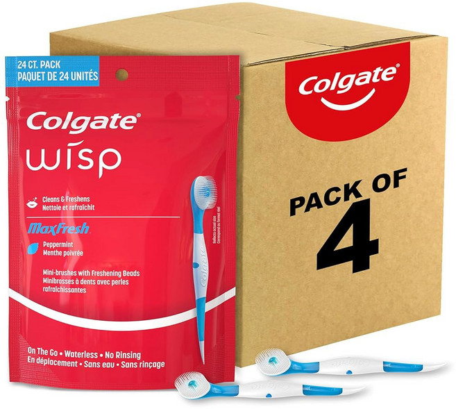 Colgate Max Fresh Wisp 일회용 미니 여행용 칫솔 페퍼민트 - 24개 (4팩), 24개(4개입)