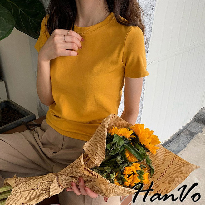 HanVo 短袖素T恤 韓版純棉休閒圓領上衣