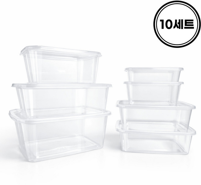 국내생산 1회용 투명 사출 직사각 밀폐용기 일회용 사각 도시락 소분 반찬통 용기, 1세트, 10개, 500ml