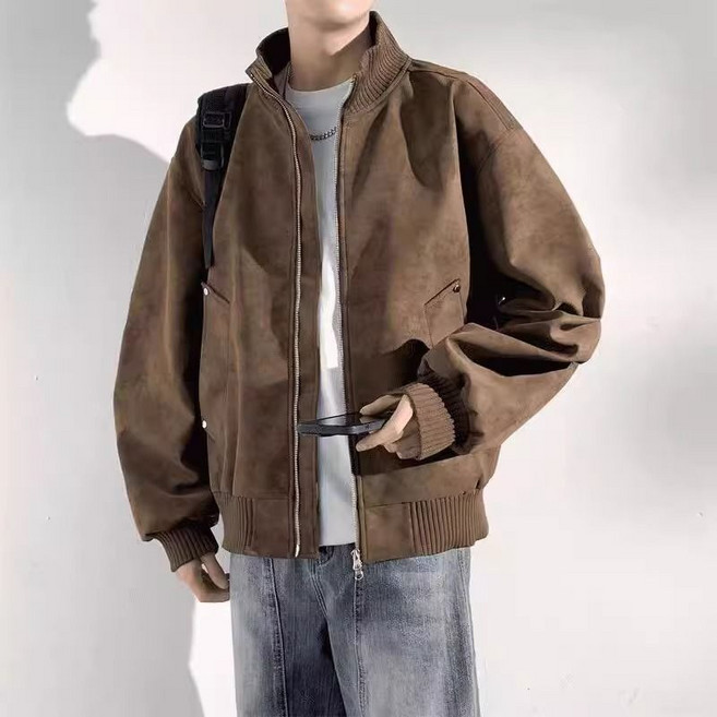 男士拉鏈立領休閒外套 棒球服外套 PU皮夾克