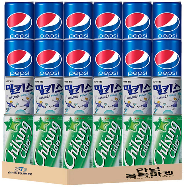 미니캔 음료 3종 세트 칠성 펩시 콜라 190ml*12개 칠성 사이다 190ml*6개 롯데 밀키스190ml*6 = 24캔 *안전포장*, 24개, 190ml