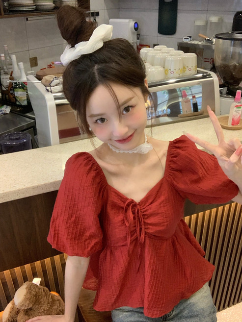 빅 사이즈 리본 스트링 블루종 반팔 조거 슬림 톱