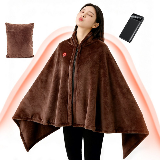 입는 온열담요 망토 USB 전기담요 3단 온도조절 발열담요 조끼 부모님 효도선물 사무실 무릎담요 차박 캠핑 학생 직장인 독서실 필수템 (세탁가능/휴대용), 80*150cm, 초코 브라운+보조배터리