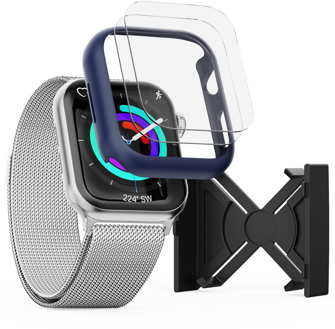 가꼬싶다 애플워치 실패없는 자가복원 액정보호필름 2P + 변색없는 하드커버 케이스, 네이비