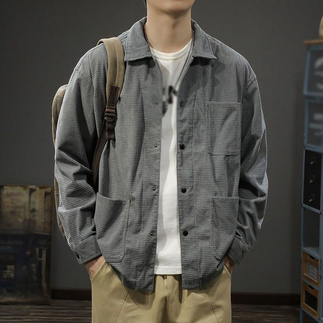 AOKADA 남성 봄 가을 루즈핏 카고 포켓 긴팔 셔츠 자켓 캐주얼 얇은 아우터