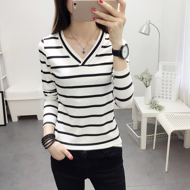 지스캇 여성 간절기 스트라이프 브이넥 긴팔 티셔츠