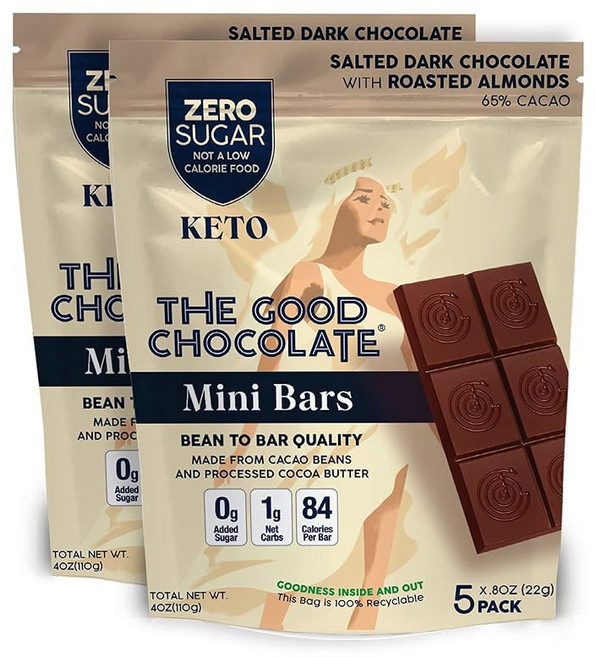더 굿 초콜릿 - 케토 다크 미니바 제로 슈가 저칼로리 스낵 팩 1개, Salted Almonds, 5 Count (Pack of 1), 110g