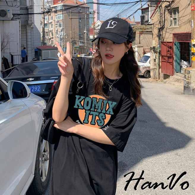 HanVo KOMIXITS印花吸濕排汗側開岔寬鬆長洋裝 韓系女裝, 黑色