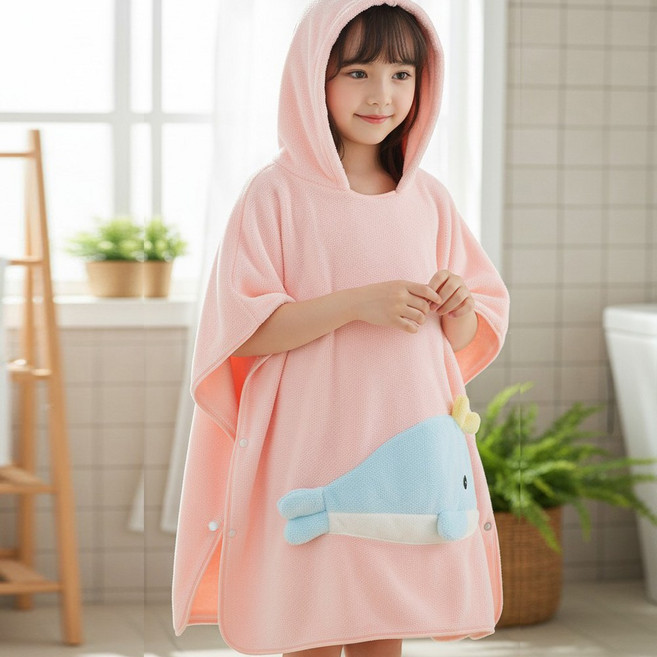 달콩슈 아동용 귀염뽀짝 판초형 목욕타월 비치가운 수건 대형 DWT033, 1개, 핑크