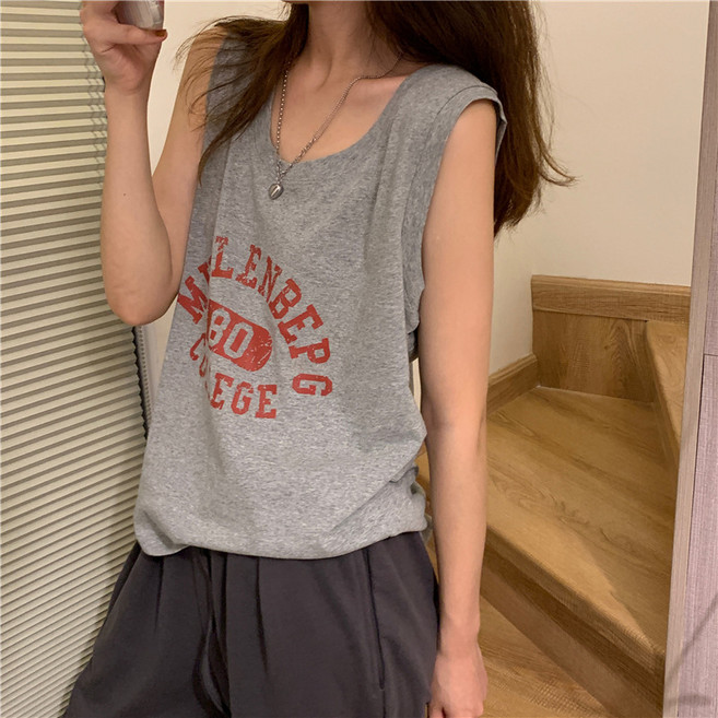 여성 루즈핏 라운드넥 프린팅 민소매 나시 캐주얼 티셔츠