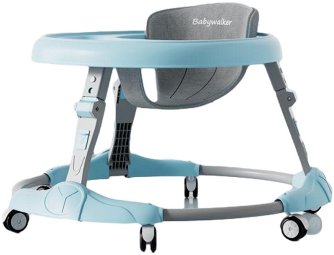 Babywalker 可調式學步車 防側翻 折疊設計, 藍色 靜音輪餐盤款, 1個