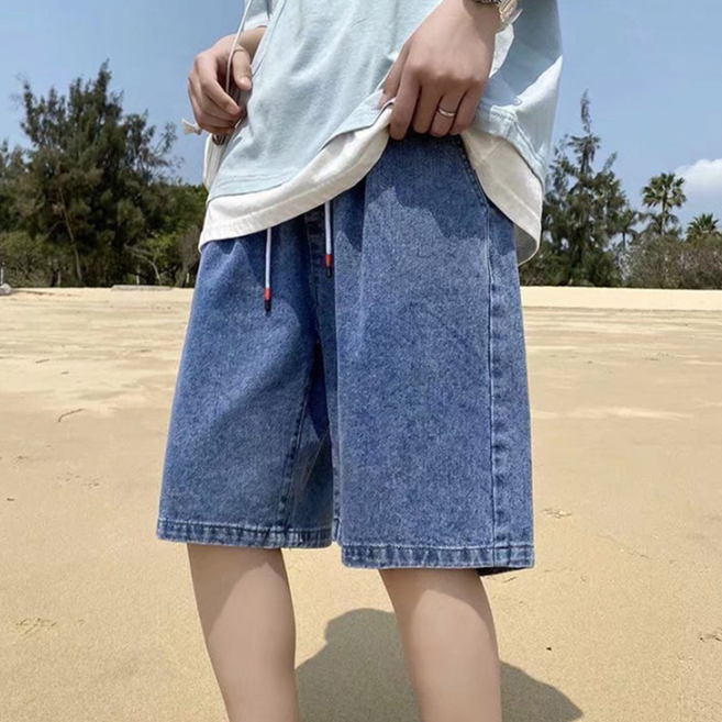 남성 봄 여름 데님 청 버뮤다 팬츠 남학생 중학생 통큰 통넓은 하프 밴딩 와이드 반바지